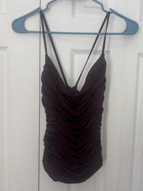 Express Ruched Spaghetti Strap Camisole in Deep Burgundy